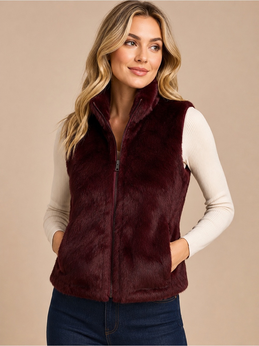 CABO Genuine Rabbit Fur Zip Vest Burgundy Wine Size medium
